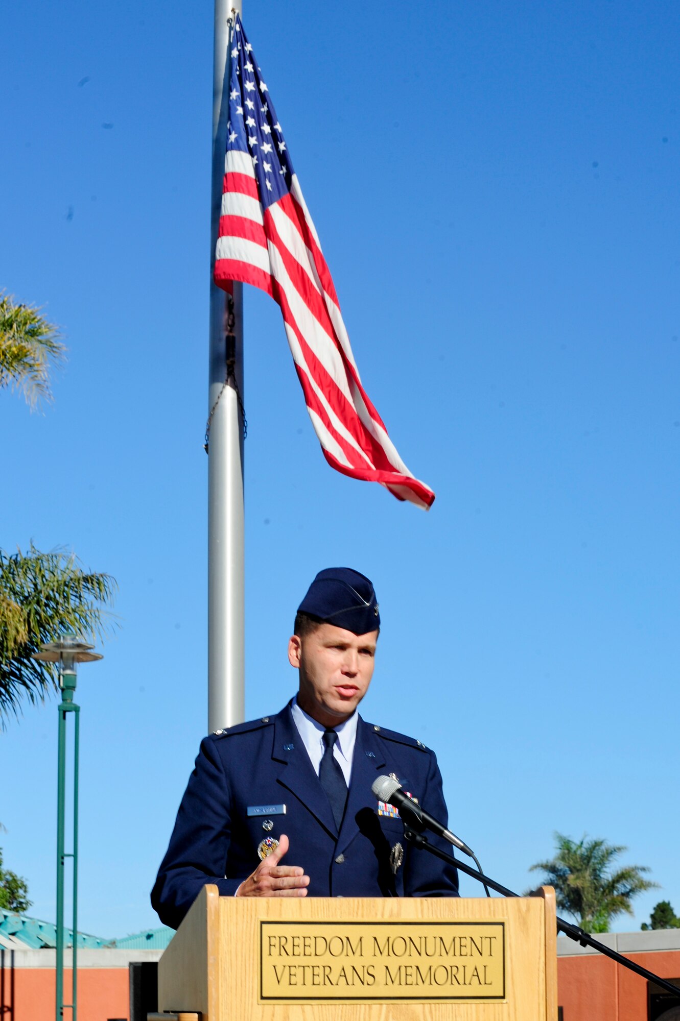 SANTA MARIA, Calif. - Col. Brent McArthur, 30th Space Wing vice commander,
speaks during the Vandenberg Air Force Base Monument Dedication here Friday,
Dec. 7, 2012. The event included keynote speeches from prominent members of
the community, base Honor Guard flag presentation, and the unveiling of the
VAFB Monument. (U.S. Air Force photo/Senior Airman Lael Huss)
