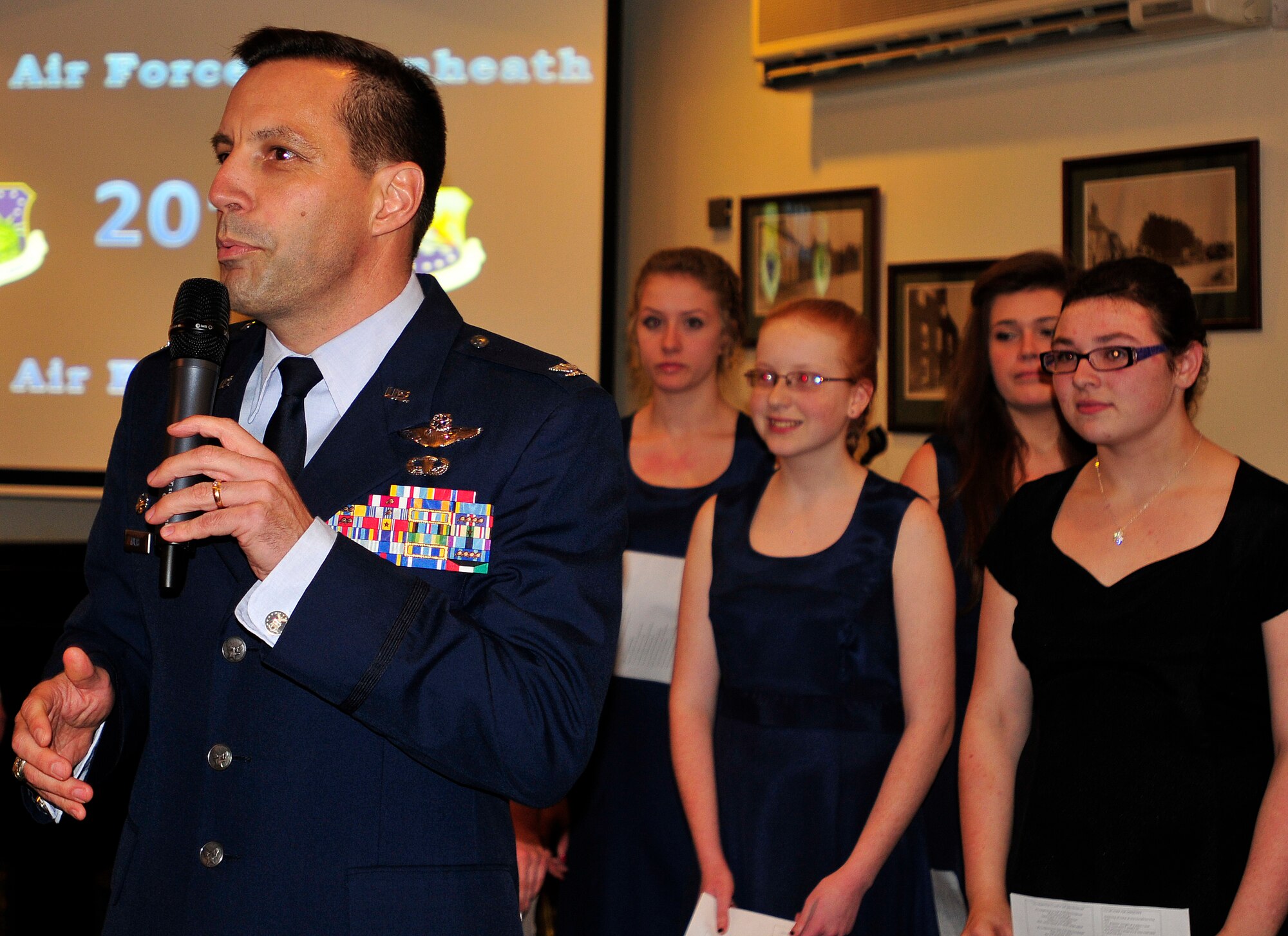 ROYAL AIR FORCE LAKENHEATH, England - Col. Christopher Kulas, 100th Air Refueling Wing commander, speaks during the RAFs Lakenheath and Mildenhall's 2012 Yuletide Reception at Eagle's Landing Dec. 7, 2012.  Leadership from both bases welcomed community leaders to the event to celebrate the holiday season. (U.S. Air Force photo by Senior Airman Tiffany M. Grigg) 