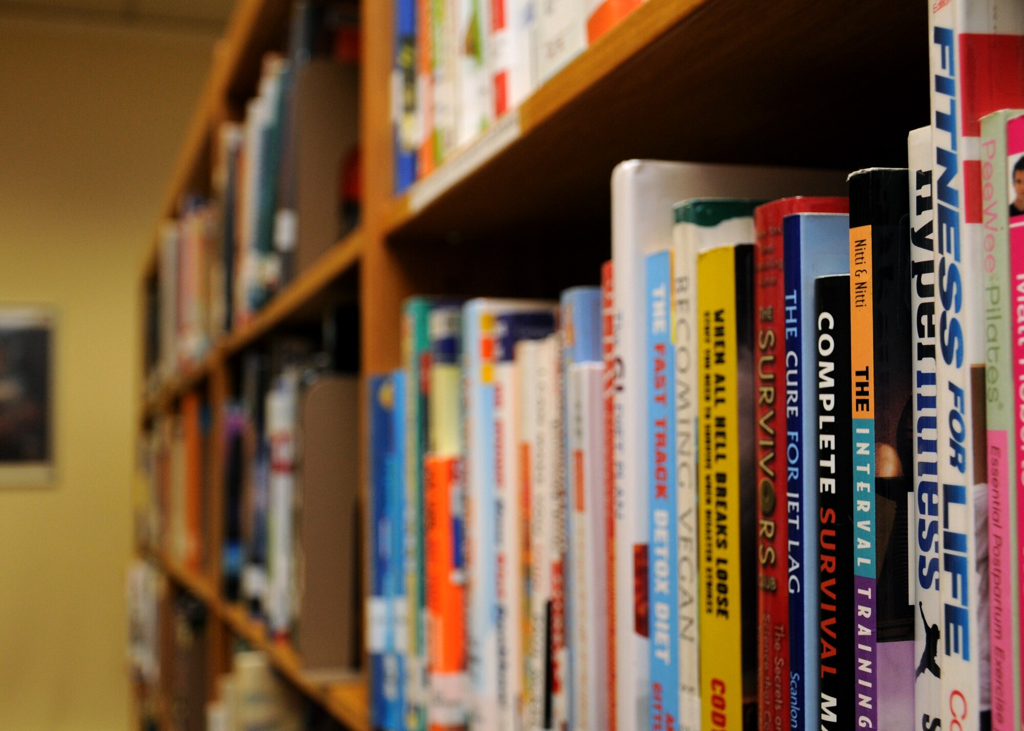 Books line the shelves of the 100th Force Support Squadron library Dec. 7, 2012, at RAF Mildenhall, England. The library provides a range of resources such as computer laboratories, quiet study rooms, College- Level Examination Program study materials and a fiction and a non-fiction section. (U.S. Air Force photo by Gina Randall/Released)