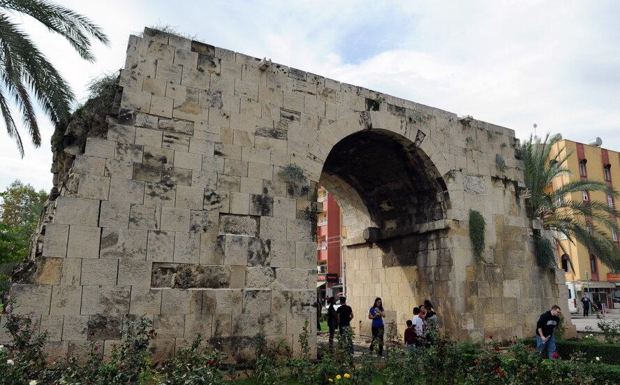 Team Incirlik members walk through Cleopatra's Gate Nov. 14, 2012, in Tarsus, Turkey. The gate was named after the Egyptian queen Cleopatra VII. With a history dating back more than 5,000 years, Tarsus has been an important stop for traders and a focal point for many civilizations including the Roman Empire. (U.S. Air Force photo by Senior Airman Daniel Phelps/Released)
