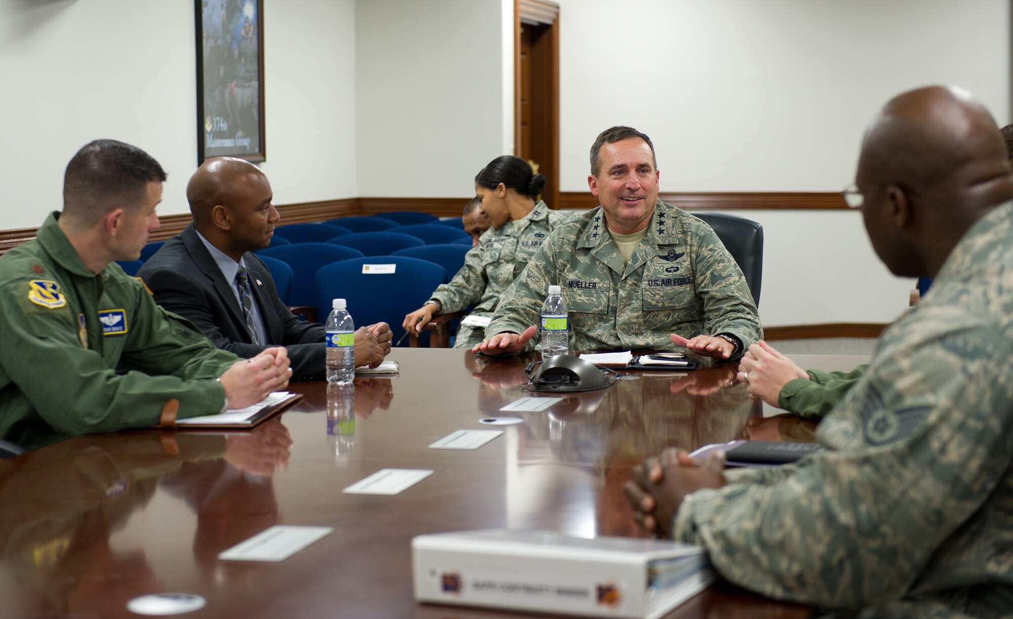YOKOTA AIR BASE, Japan -- Lt. Gen. Stephen Mueller, the Inspector General of the Air Force, speaks to base leadership and Sexual Awareness Response and IG team about issues and concerns within the Pacific Air Forces during his visit to Yokota Air Base, Japan, Dec. 5, 2012. During the visit, Mueller met with base leadership, Airmen and toured facilities around base. The visit was one of his stops during his PACAF Orientation tour.  (U.S. Air Force photo by Senior Airman Andrea Salazar)