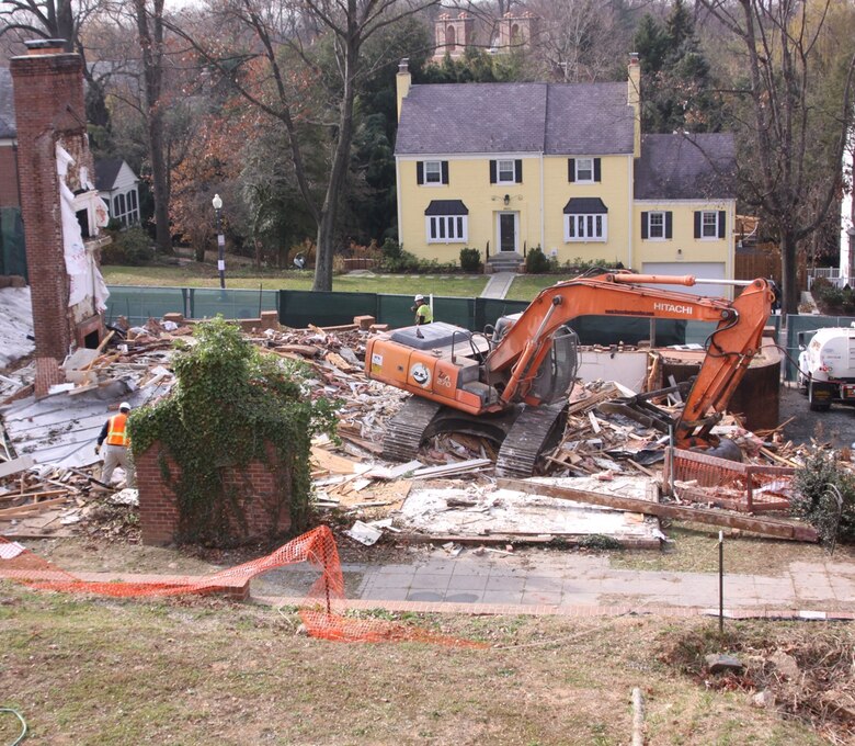 4825 Glenbrook Road is a property that is part of the Spring Valley Formerly Used Defense Site (FUDS), which consists of approximately 661 acres in the northwest section of Washington, D.C. During the World War I-era, the U.S. government used the site, known as the American University Experiment Station, for research and testing of chemical agents, equipment, and munitions. The Corps of Engineers demolished the house Nov. 30 to clean-up and restoration of the site to residential standards.