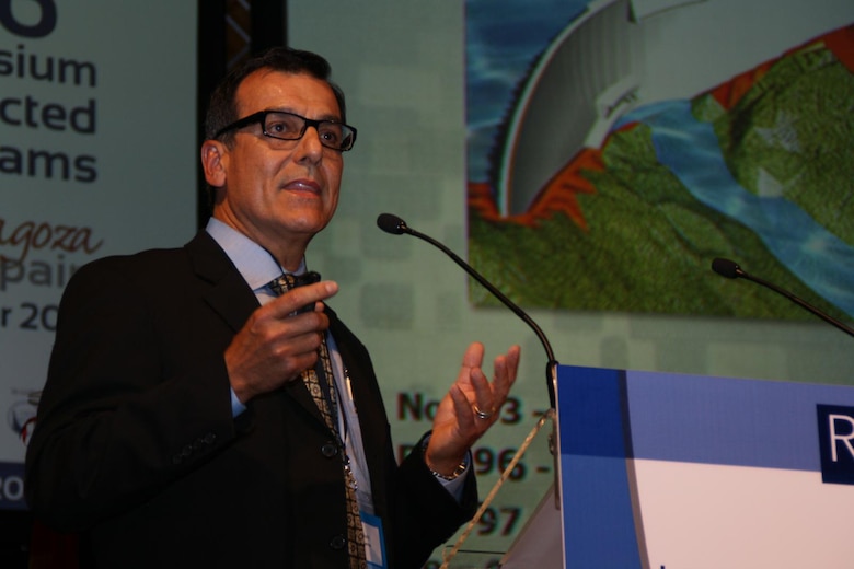 Alberto Gonzalez, Portugues Dam project manager, makes a point while speaking about the transition to a Roller Compacted Concrete Dam during a presentation at a conference in Zaragoza, Spain.  Gonzalez was one of three Jacksonville District representatives who participated.  Photo courtesy Alberto Gonzalez.  