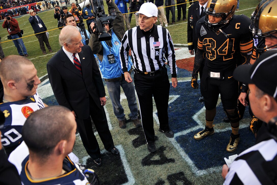 Vice President Joseph Biden observes the coin toss for the Army-Navy football game at Lincoln Financial Field in Philadelphia, Dec. 8, 2012.