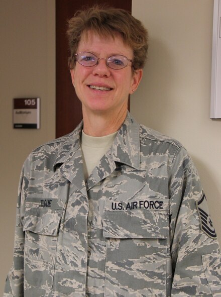 Master Sgt. Deb Teague is a proud member of the 932nd Airlift Wing. Sergeant Teague is the Non Commissioned Officer In Charge of Airman and Family Readiness, and is constantly working to find jobs for Air Force Reservists as she helps to put on the base job fair.  She also helps families deal with stress throughout the year.  (Air Force photo/Tech. Sgt. Daniel Oliver)
