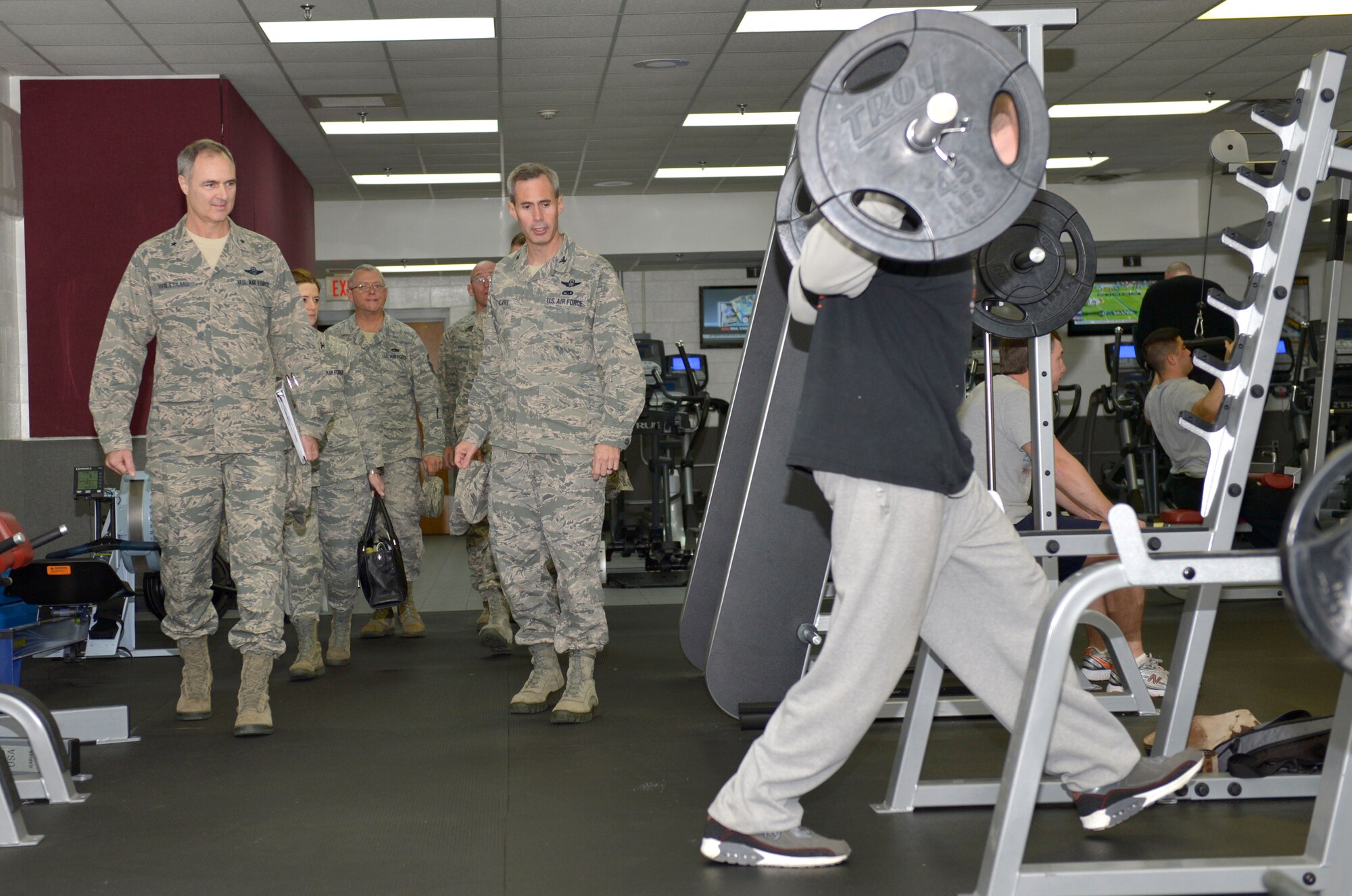 Brig. Gen. R. Scott Williams, Air National Guard Readiness Center commander (left), and Col. Timothy J. Cathcart, I.G. Brown Training and Education Center commander, tour the Wilson Hall multipurpose building at McGhee Tyson Air National Guard Base, Tenn., Dec. 11, 2012. Williams visited the East Tennessee base to gather first-hand knowledge of the more than 260,000 square feet of classrooms, dorm rooms and multiuse facilities at the Air National Guard’s largest enlisted professional military education center. (National Guard photo by Master Sgt. Kurt Skoglund/released) 