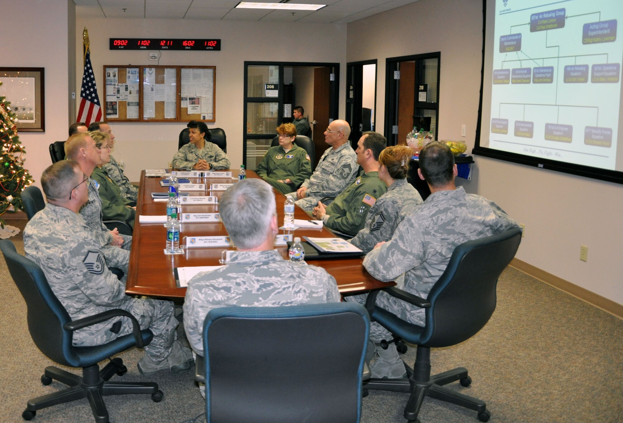 Leaders of the 931st Air Refueling Group meet with Brig. Gen. Stayce Harris, Mobilization Assistant to the Commander, 18th Air Force, at McConnell Air Force Base, Kan., Dec. 11, 2012.  Harris spent the day visiting with members of the 931st and receiving briefings from Group leadership. (U.S. Air Force photo by 1st Lt. Zach Anderson)