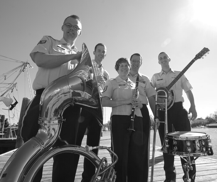The United States Air Force Heritage Ramblers ensemble is slated to perform holiday carols at Shaw Air Force Base, S.C., Dec. 12, 2012. The jazz ensemble features a trumpet, tuba, clarinet, trombone, guitar and electric drum set. (U.S. Air Force courtesy photo/Released)