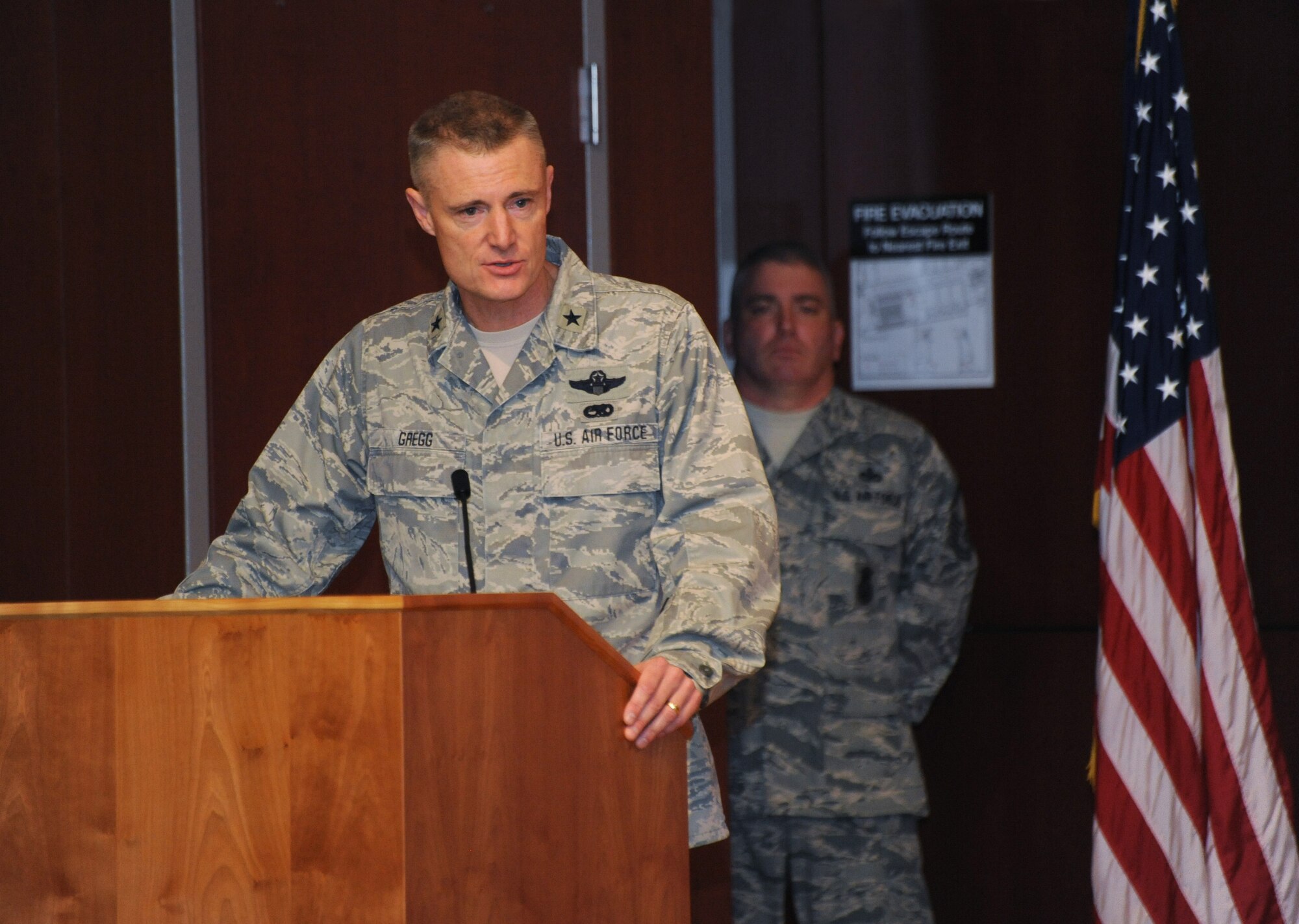 Oregon Air National Guard Brig. Gen. Steven D. Gregg, Oregon Adjutant General for Air, addresses those in attendance at Camp Withycombe, Ore., during the mobilization ceremony for the 142nd Fighter Wing Security Forces Squadron, Dec. 11, 2012. (U.S. Air Force photograph by Tech. Sgt. John Hughel, 142nd Fighter Wing Public Affairs/Released)