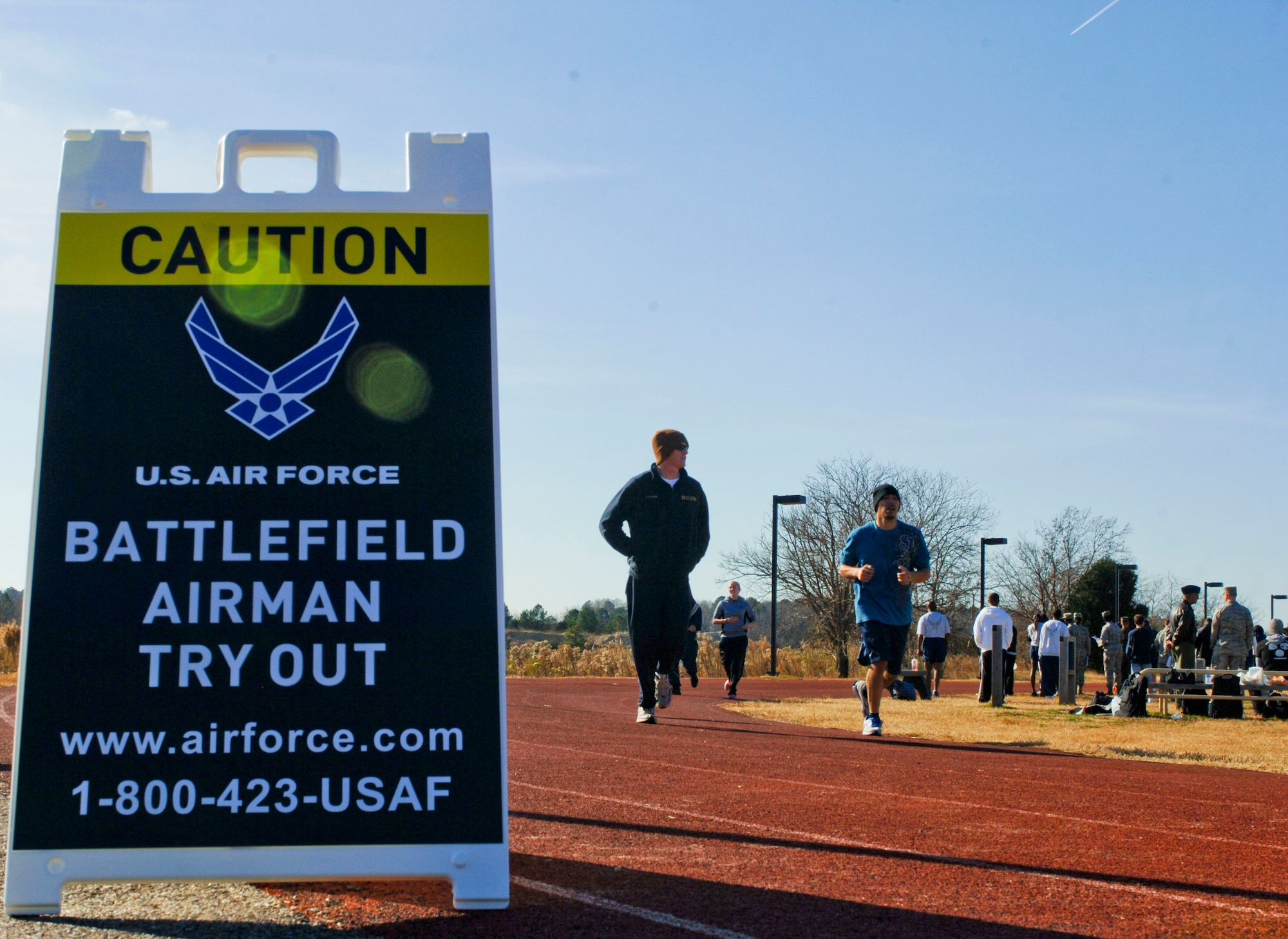 U.S. Air Force recruits run the cardiovascular portion of their Physical Ability Stamina Test during the special operations combine Dec., 6, 2012, at the Shellbank Fitness Center, Langley Air Force Base, Va. The combine was a crucible mimicking special operations training. (U.S. Air Force photo by Airman 1st Class R. Alex Durbin/Released)