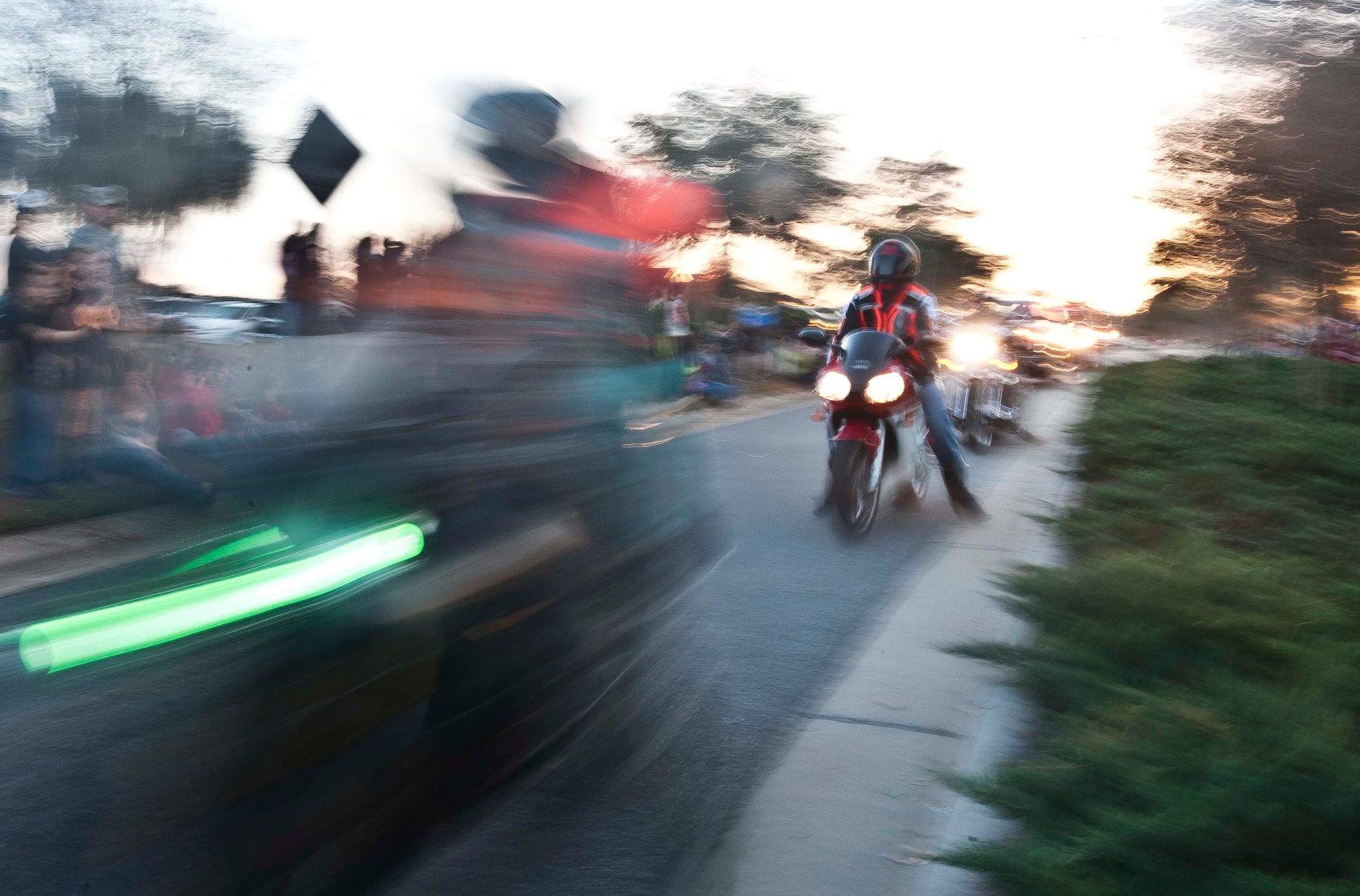 The Moody Green Knights take part in the Annual Base Tree Lighting and Holiday Parade at Moody Air Force Base, Ga., Dec. 7, 2012. About 30 Green Knight motorcyclists with holiday decorations on their bikes participated in the parade. (U.S. Air Force photo by Airman Paul Francis/Released)
