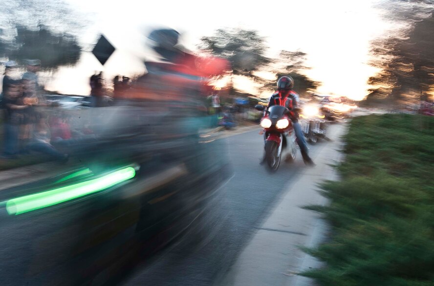 The Moody Green Knights take part in the Annual Base Tree Lighting and Holiday Parade at Moody Air Force Base, Ga., Dec. 7, 2012. About 30 Green Knight motorcyclists with holiday decorations on their bikes participated in the parade. (U.S. Air Force photo by Airman Paul Francis/Released)
