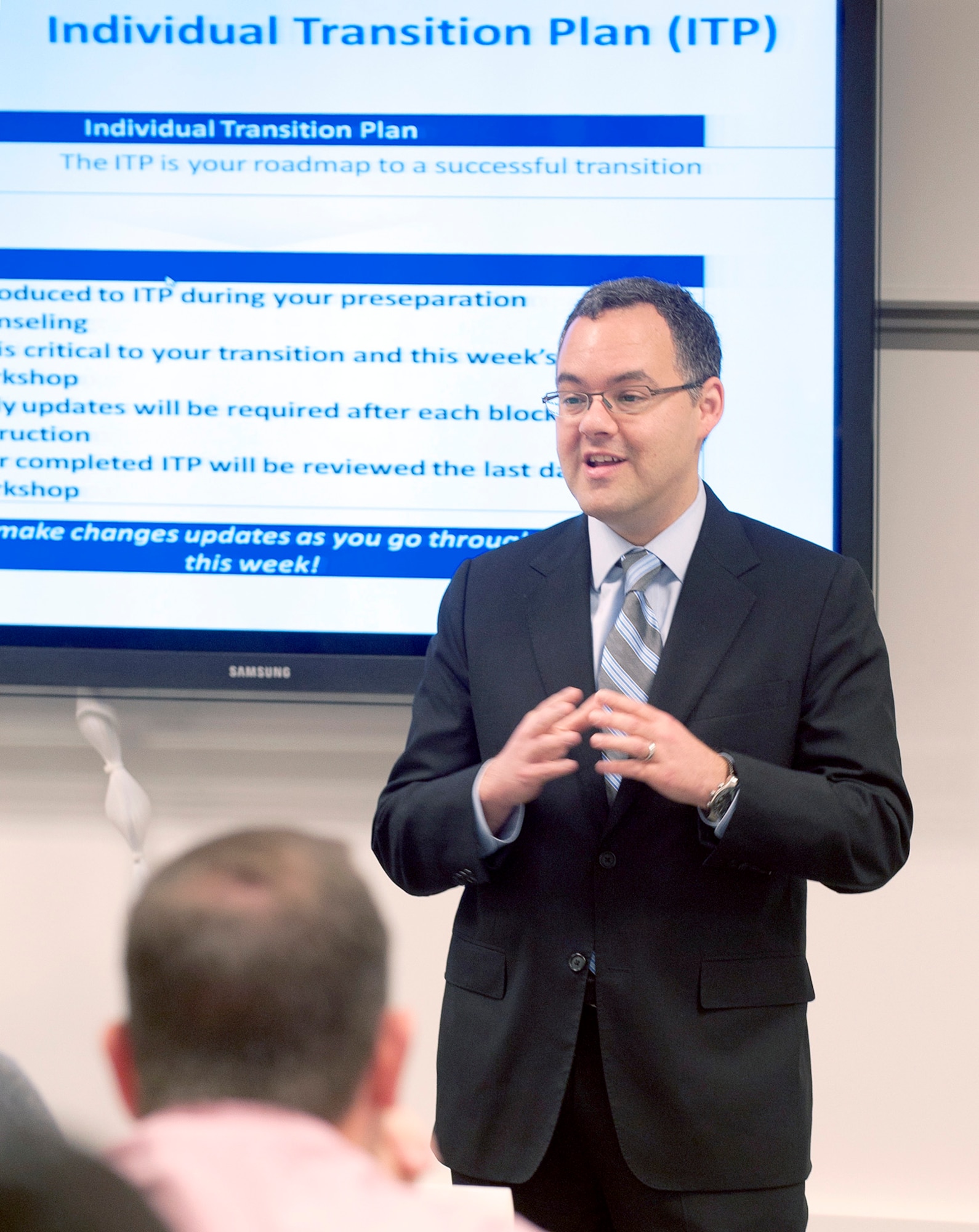 Mr. Daniel B. Ginsberg, Assistant Secretary of the Air Force for Manpower and Reserve Affairs, addresses members of a Transition Assistance Program class in the Pentagon, Washington D.C. on December 10, 2012  (U.S. Air Force photo/Andy