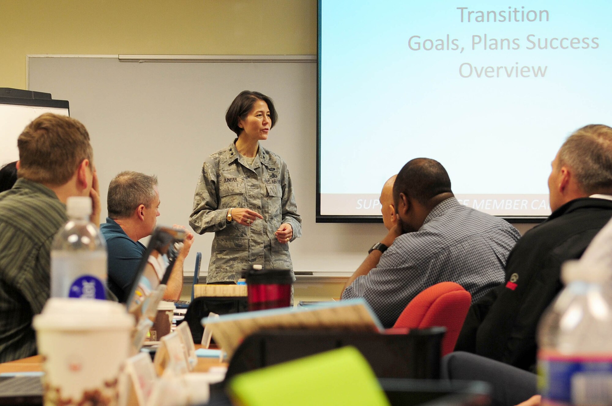 Air Force District of Washington Commander Maj. Gen. Sharon K. G. Dunbar speaks to military members preparing for transition to civilian employment during a Transition Assistance Program class at the Military and Family Support Center, Dec. 10, 2012 at Joint Base Andrews, Md.  (U.S. Air Force photo by Senior Airman Steele C. G. Britton)