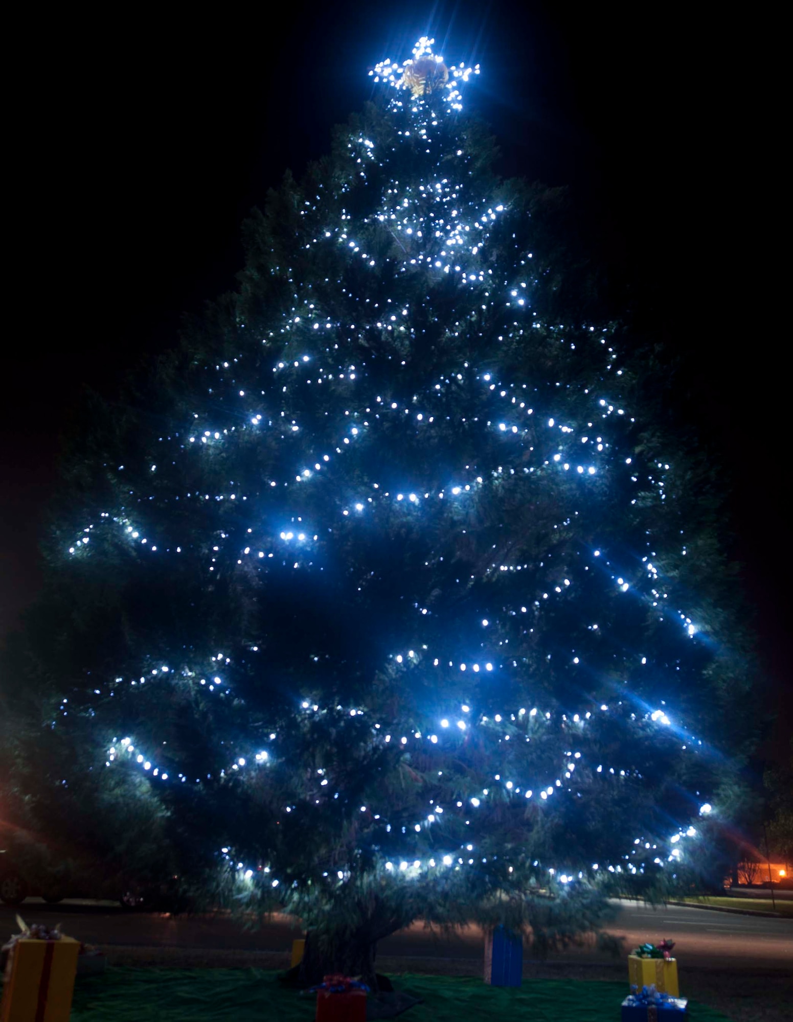 A Christmas tree lights up the night sky at Moody Air Force Base, Ga., Dec. 10, 2012. Moody held the Annual Base Tree Lighting and Holiday Parade on Dec. 7, 2012, which included raffle give-a-ways, a parade, children’s activities and a tree lighting ceremony that honored deployed Airmen. (U.S. Air Force photo by Airman Paul Francis/Released)
