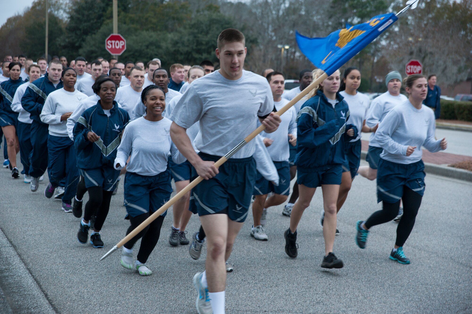 Airmen from the 628th Logistics Readiness Squadron participate in the Commander's Challenge Run at Joint Base Charleston - Air Base, Dec. 7, 2012. The Commander's Challenge is held monthly to test Team Charleston's fitness abilities.   (U.S. Air Force photo/Airman 1st Class Ashlee Galloway)