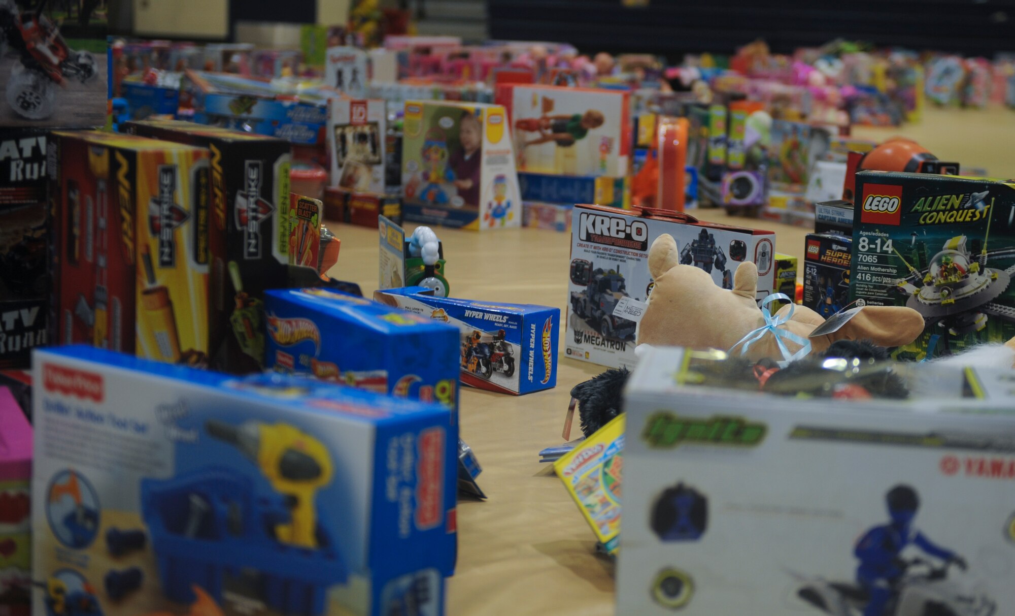 Toys are displayed on the ground for the Operation Homefront program at Moody Air Force Base, Ga., Dec. 8, 2012. Operation Homefront received donations from various corporations for military families for the holiday season. (U.S. Air Force photo by Airman 1st Class Olivia Bumpers/Released)