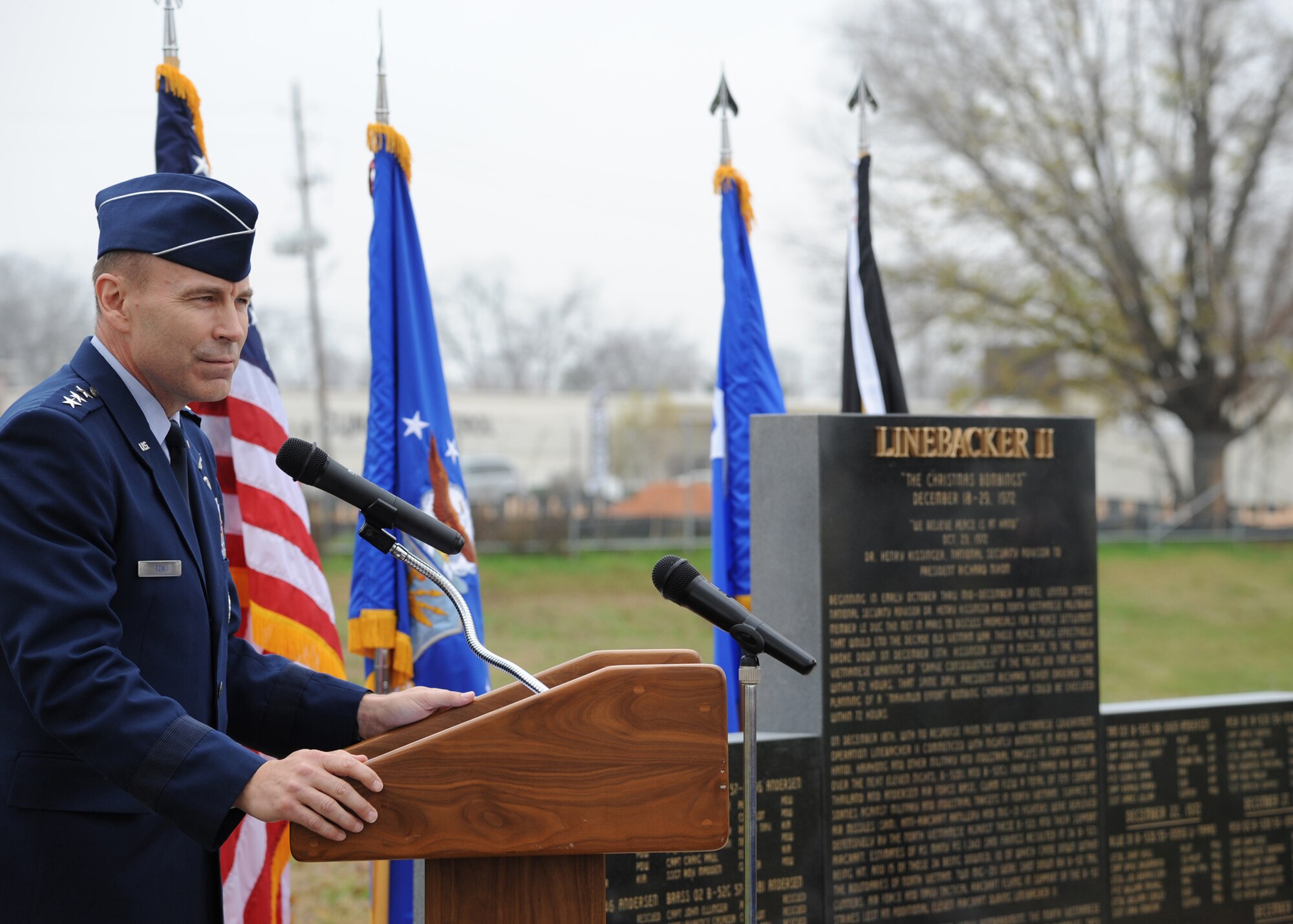 Lt. Gen. William Rew, vice commander of Air Combat Command, gives a speech during the dedication ceremony of a memorial commemorating Operation Linebacker II on Barksdale Air Force Base, La., Dec. 8. More than 150 people attended the ceremony, to include approximately 40 veterans of Linebacker II. (U.S. Air Force photo/Airman 1st Class Joseph A. Pagán Jr.)