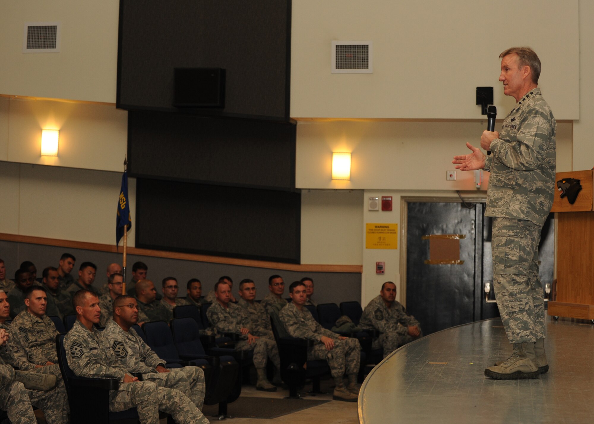Gen. Herbert  Carlisle, Pacific Air Forces commander, speaks to members of Kunsan Air Base, Republic of Korea, following a promotion ceremony Nov. 30, 2012. The general took the opportunity to speak to Kunsan members about a number of topics including changes to PACAF and the future of the Air Force. (U.S. Air Force photo by Staff Sgt. Jonathan Fowler/Released)