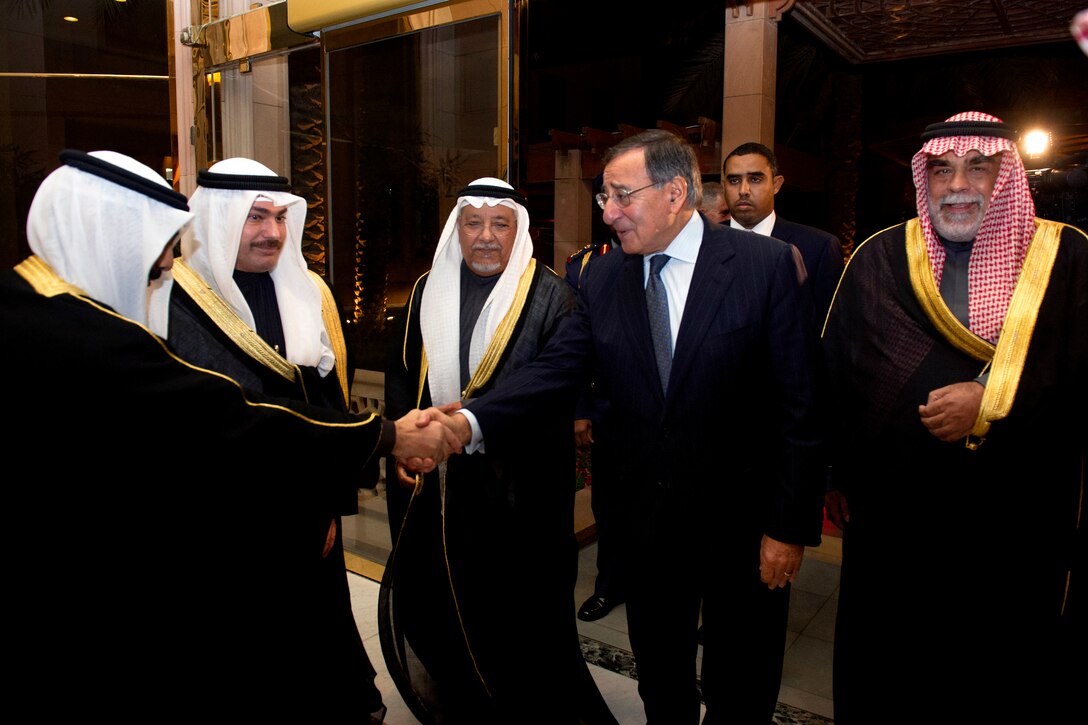 U.S. Defense Secretary Leon E. Panetta meets with Kuwaiti leaders before a meeting with Sheikh Sabah Al-Ahmad Al-Jaber Al Sabah, Amir of the State of Kuwait, in Kuwait City, Kuwait, Dec. 11, 2012. Kuwaiti Defense Minister Ahmad Al-Khalid al-Hamad al-Sabah, right, looks on.