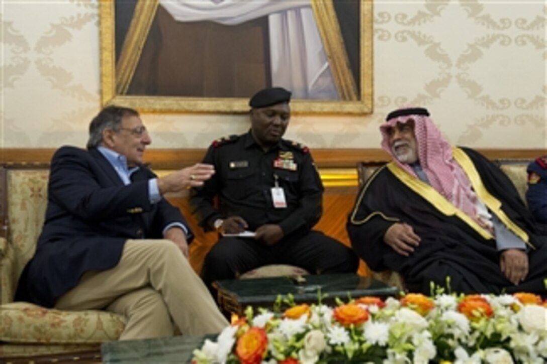 Secretary of Defense Leon E. Panetta, left, meets with First Deputy Prime Minister and Minister of Defense of the State of Kuwait Sheikh Ahmed Khaled Al-Hamad Al-Sabah, right, in Kuwait City, Kuwait, on Dec. 11, 2012.  Panetta and Ahmed are meeting to discuss regional security items of interest to both nations.  