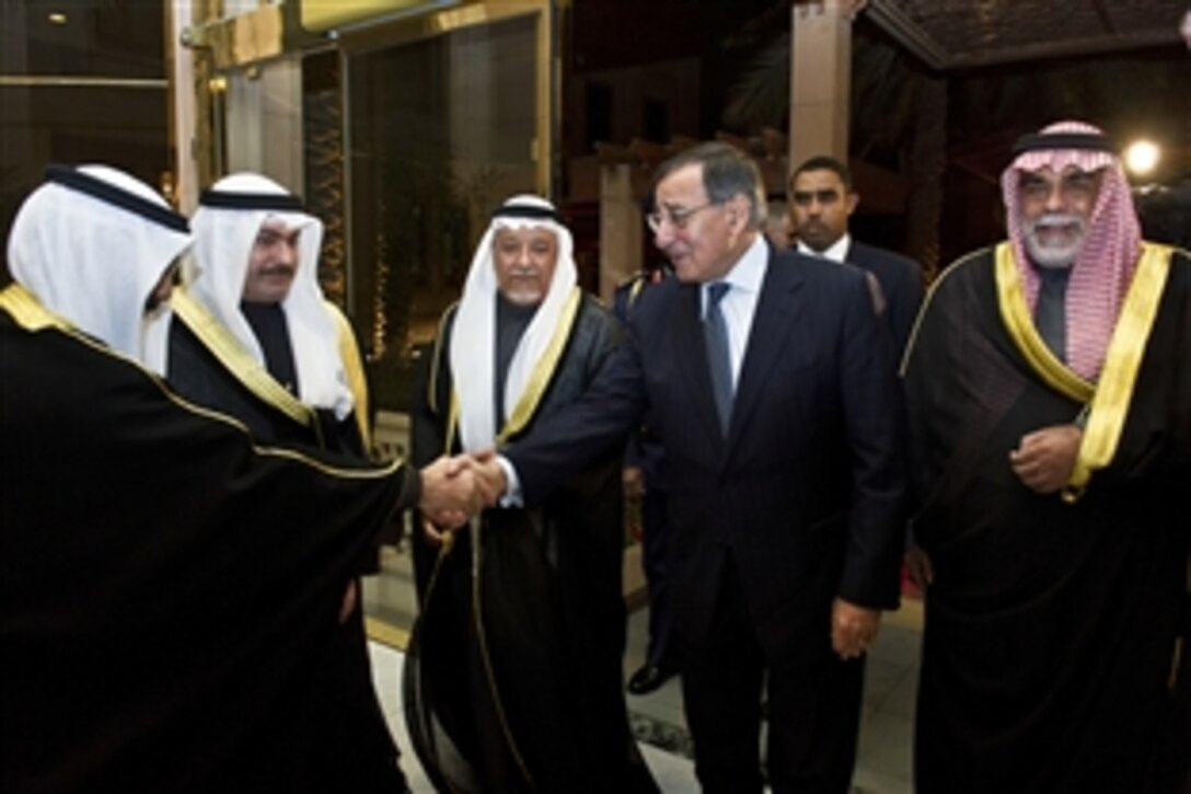 U.S. Defense Secretary Leon E. Panetta meets with Kuwaiti leader before a meeting with Sheikh Sabah Al-Ahmad Al-Jaber Al Sabah, Amir of the State of Kuwait, in Kuwait City, Kuwait, Dec. 11, 2012. 