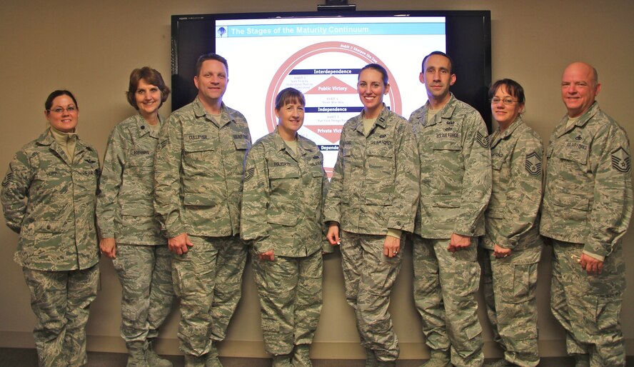 Lt. Col. Stephanie Boehning, (second from left) instructs classes such as the  "Seven Habits of Highly Effective People" as part of the professional development courses available to 932nd Airlift Wing reservists. Others classes offered include bullet writing, mentoring and performance evaluation. Boehning is the wing process planner.  (U.S. Air Force photo/Tech. Sgt. Dan Oliver)


