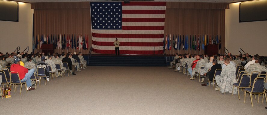 Herschel Walker, former two-time Olympian, speaks to Airmen during his visit to Barksdale Air Force Base, La., Dec. 11. Walker was here on behalf of The Freedom Care Program Anti-Stigma Campaign. (U.S. Air Force photo/Senior Airman Sean Martin)
