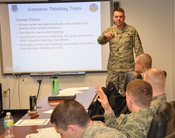 Master Sgt. Daniel Lindsey, 628th Force Support Squadron Air Force Aid Officer and Master Resilience Trainer, answers a question about common thinking traps during a Resiliency Training class Dec. 12, 2012, at Joint Base Charleston – Air Base, S.C. Air Mobility Command’s goal is to have 20 percent of active-duty Airmen trained on the 8-hour Resiliency course by Dec. 31, 2012, and 80 percent by December 2014. (U.S. Air Force photo by Staff Sgt. Anthony Hyatt)