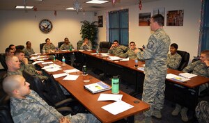 Master Sgt. Daniel Lindsey, 628th Force Support Squadron Air Force Aid Officer and Master Resilience Trainer, instructs a First Term Airman Center class during a Resiliency Training session Dec. 12, 2012, at Joint Base Charleston – Air Base, S.C. The course is designed to focus on Airmen, DOD Civilians, and their families’ total well-being and is part of the Air Force’s Comprehensive Airman Fitness framework. (U.S. Air Force photo by Staff Sgt. Anthony Hyatt)