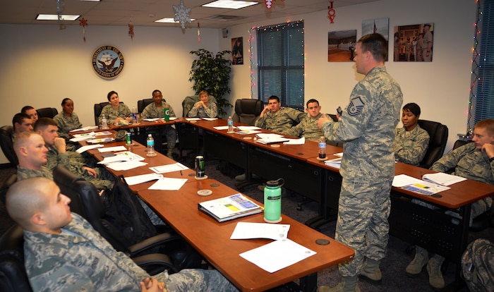 Master Sgt. Daniel Lindsey, 628th Force Support Squadron Air Force Aid Officer and Master Resilience Trainer, instructs a First Term Airman Center class during a Resiliency Training session Dec. 12, 2012, at Joint Base Charleston – Air Base, S.C. The course is designed to focus on Airmen, DOD Civilians, and their families’ total well-being and is part of the Air Force’s Comprehensive Airman Fitness framework. (U.S. Air Force photo by Staff Sgt. Anthony Hyatt)