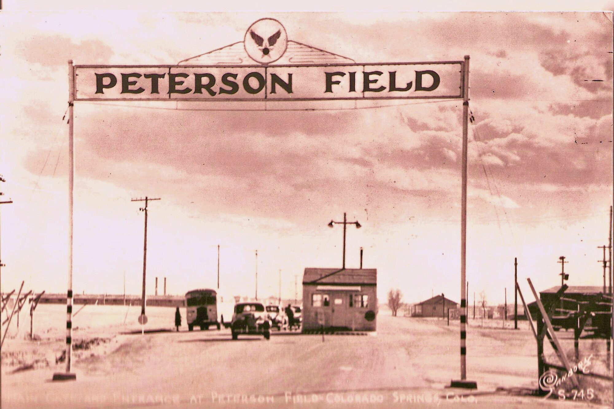 The main entrance to Peterson Field in 1943, near the present-day north gate. Colorado Springs Army Air Base was renamed Peterson Army Air Base on Dec. 13, 1942, in memory of 1st Lt. Edward Peterson, who lost his life in an aircraft accident here the previous August. (U.S. Air Force photo)