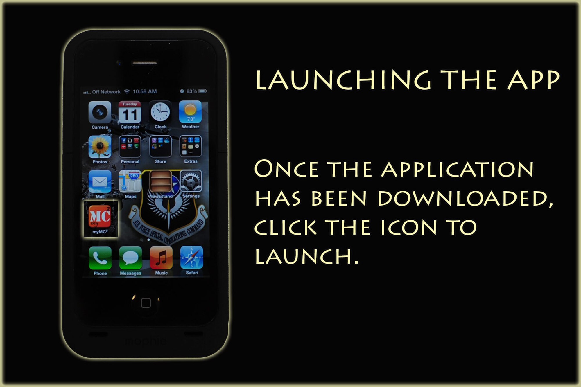 Members stationed at Cannon Air Force Base, N.M., can launch the application after download by clicking on the icon. The application will allow Air Commandos stationed at Cannon the ability to stay informed with up to the minute events and notifications via smart phones and application-enabled devices. (U.S. Air Force graphic/Senior Airman Alexxis Pons Abascal)  