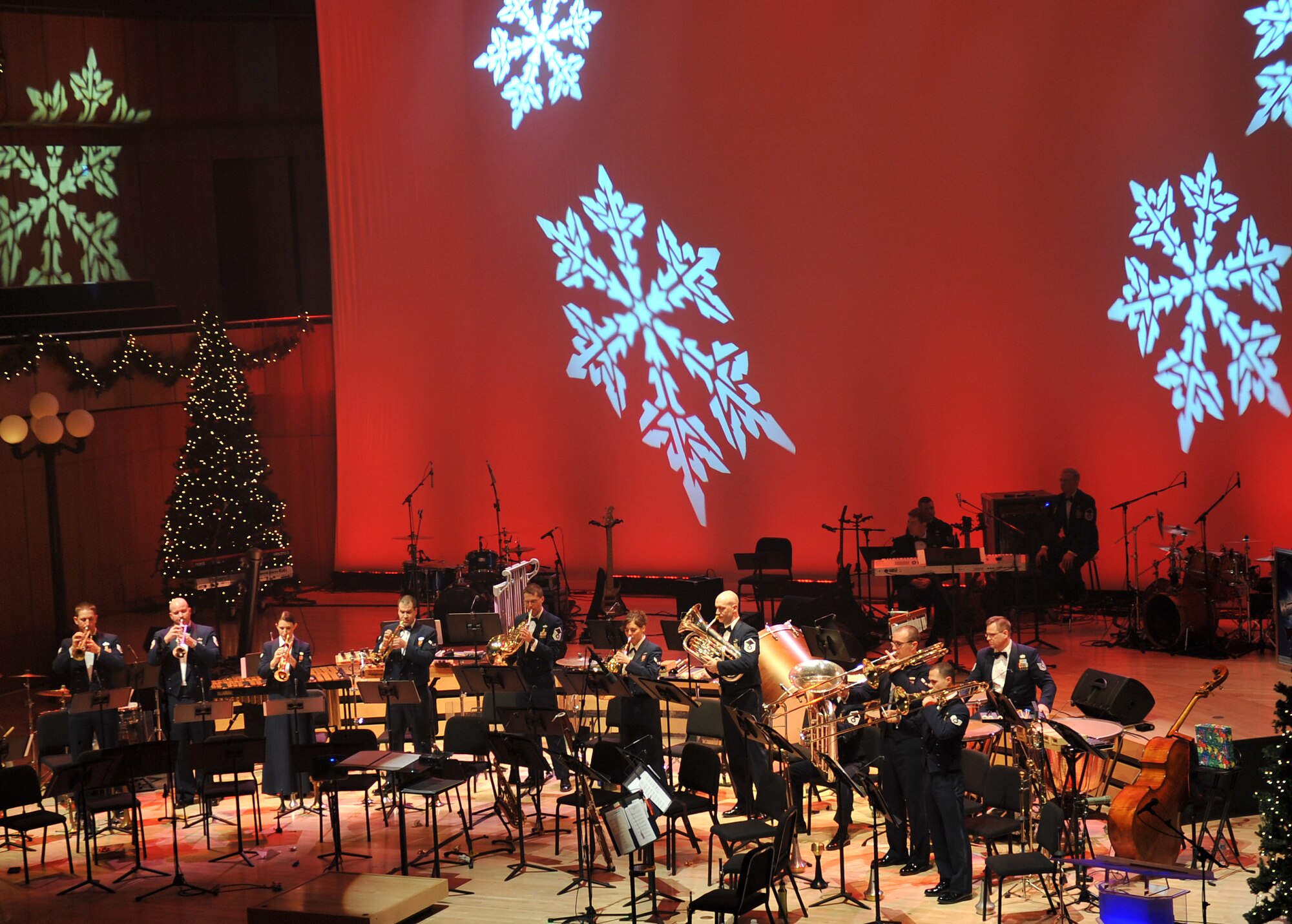 Brass in Blue, a section of the U.S. Air Force Heartland of America Band, performs holiday favorites for the night. The band performed various holiday favorites at the Holland Performing Arts Center in Omaha, Neb., Dec. 7. (U.S. Air Force photo by Jeff W. Gates/Released)