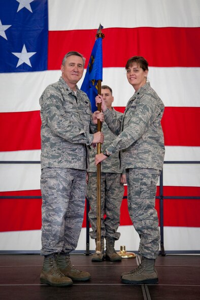 Lt. Col. Tracy L. Monahan assumes command of the 934th Aeromedical Staging Squadron at Minneapolis-St. Paul Air Reserve Station, Minn. (U.S. Air Force Photo/Shannon McKay)