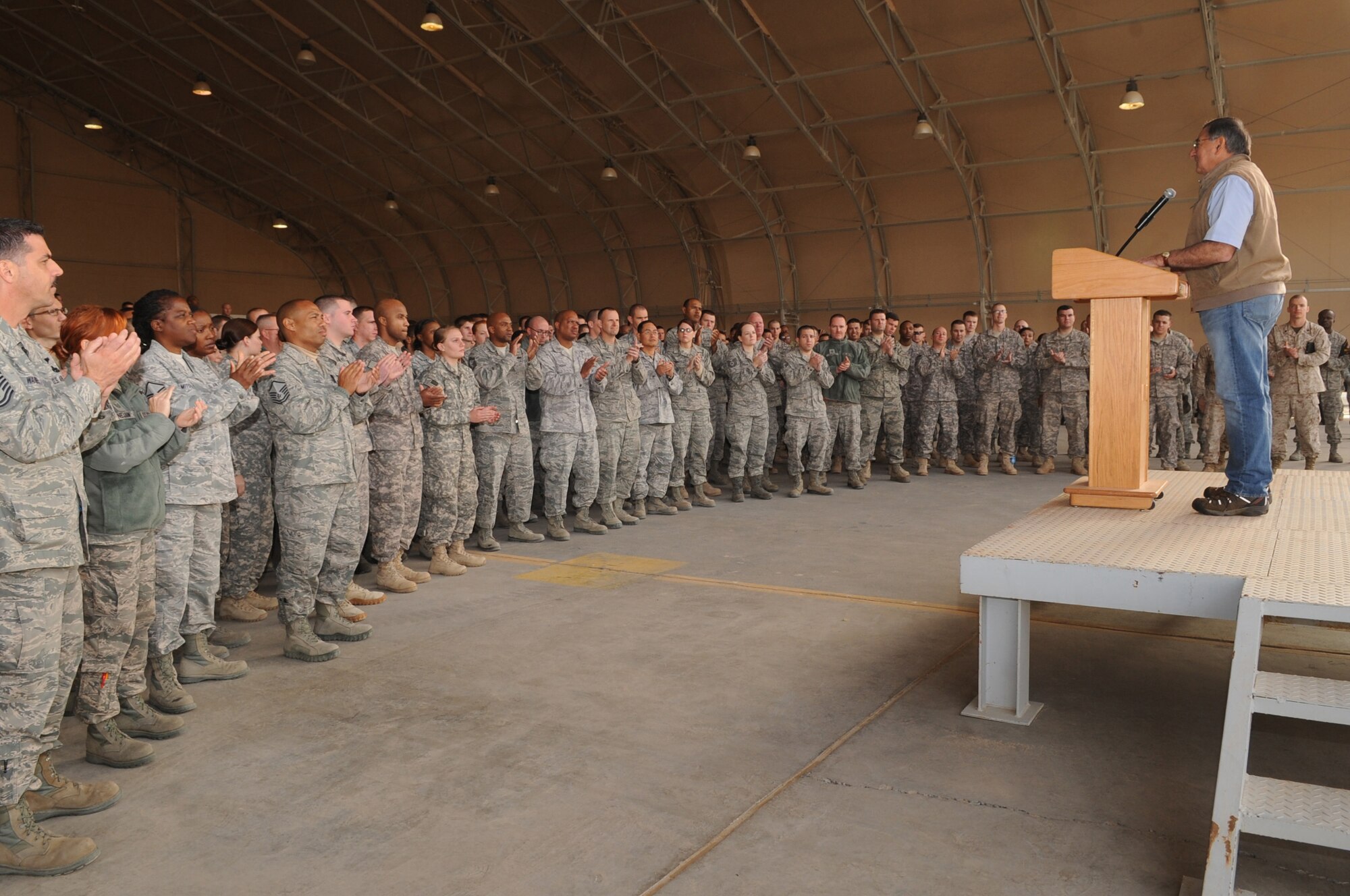 SOUTHWEST ASIA – Secretary of Defense Leon E. Panetta visits with more than 300 Soldiers, Sailors, Marines and Airmen here Dec. 12, 2012. Panetta wished service members a happy holiday season and took a few moments to discuss military budget issues. (U.S. Air Force photo/Staff Sgt. Alexandra M. Boutte)
