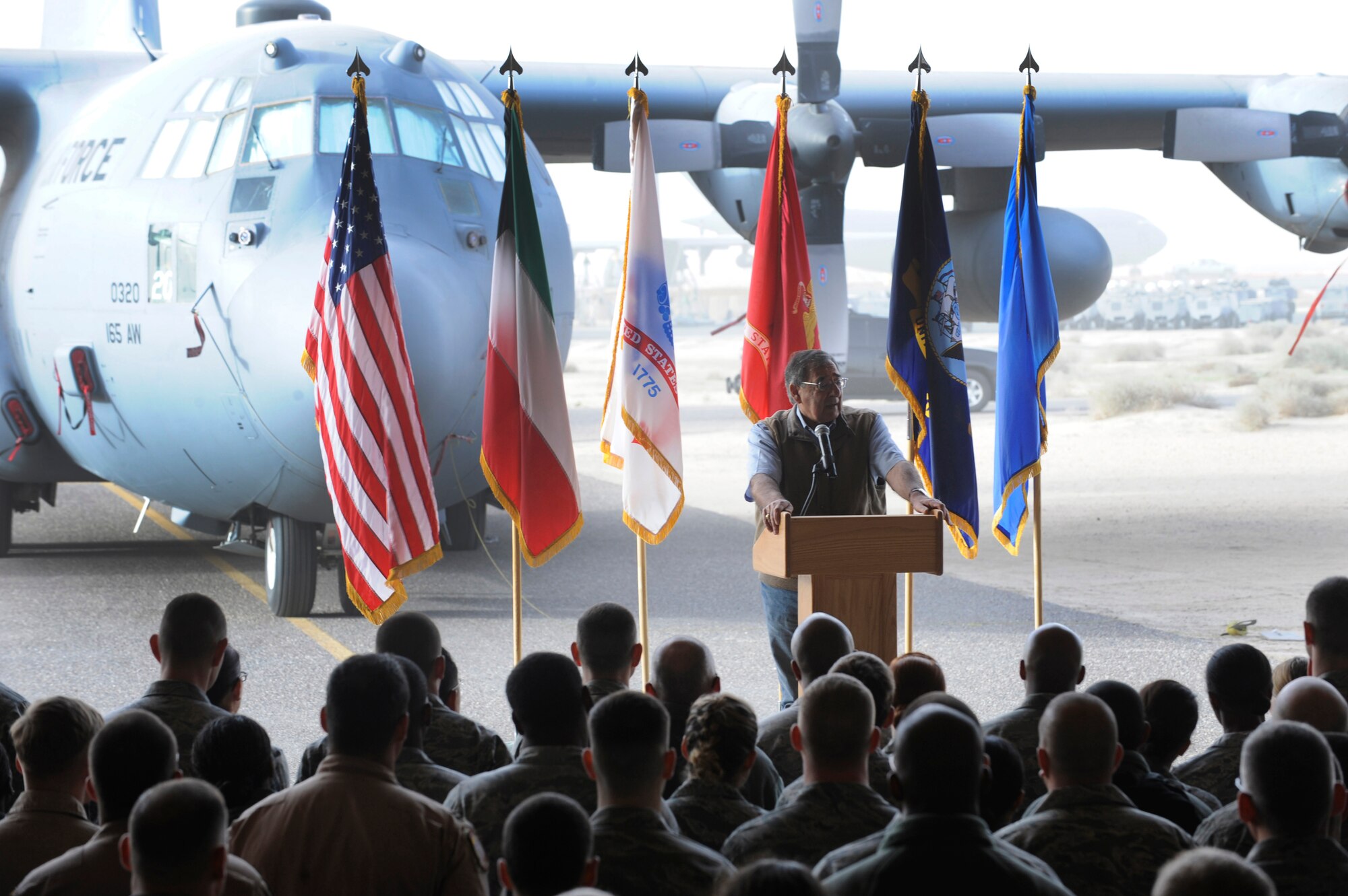 SOUTHWEST ASIA –Secretary of Defense Leon E. Panetta delivers remarks to more than 300 Soldiers, Sailors, Marines and Airmen here Dec. 12, 2012. Panetta took time to speak with troops to thank them for their service and answer questions before continuing his tour throughout Southwest Asia. “I really wanted to come out and wish all of you the happiest holidays,” said Panetta. “I know you are all a long way from home and I deeply appreciate the sacrifice that all of you are making.” (U.S. Air Force photo/Staff Sgt. Alexandra M. Boutte)