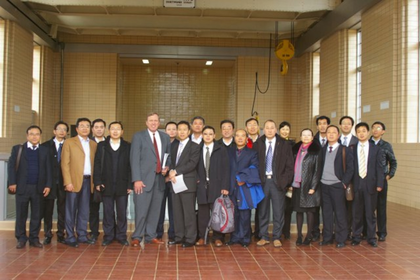 The Chinese delegation of water resource professionals and scientists pose in the Dalecarlia Pumping Station during the Dec. 7 tour.
