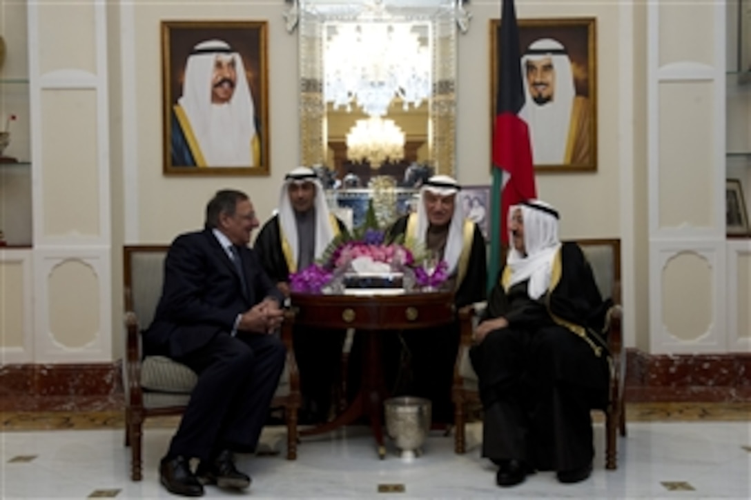 Secretary of Defense Leon E. Panetta, left, meets with the Amir of the State of Kuwait Shiekh Sabah Al Ahmed Al Sabah, right, in Kuwait City, Kuwait, on Dec. 11, 2012.  Panetta and Sabah are meeting to discuss regional security items of interest to both nations.  