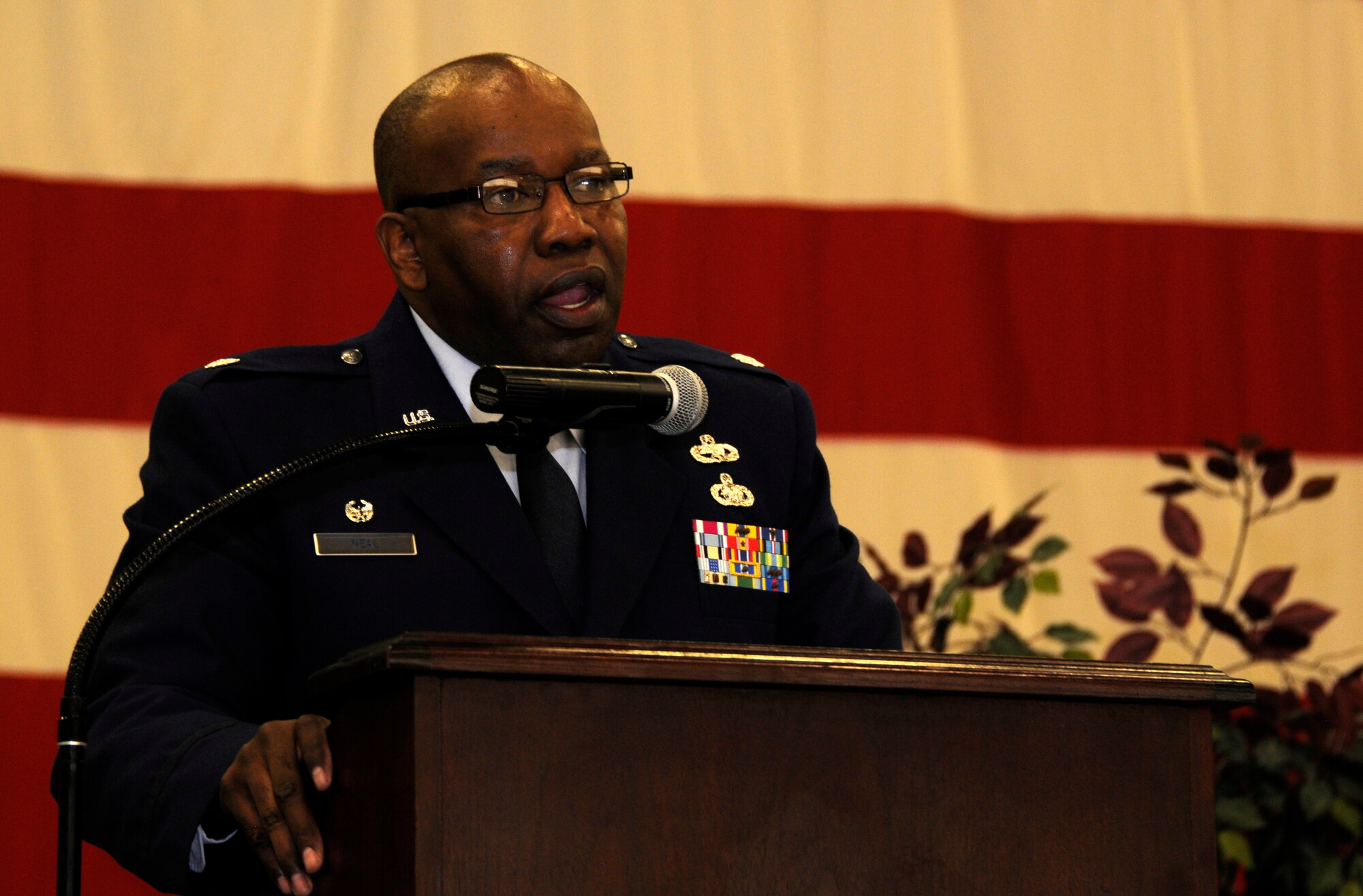 Lt. Col. Anderson Neal delivers a speech during an assumption of command ceremony at the 188th Fighter Wing Dec. 2, 2012. Colonel Neal assumed command of the 188th Maintenance Group during the ceremony. (National Guard photo by Amn. Cody Martin/188th Fighter Wing Public Affairs)