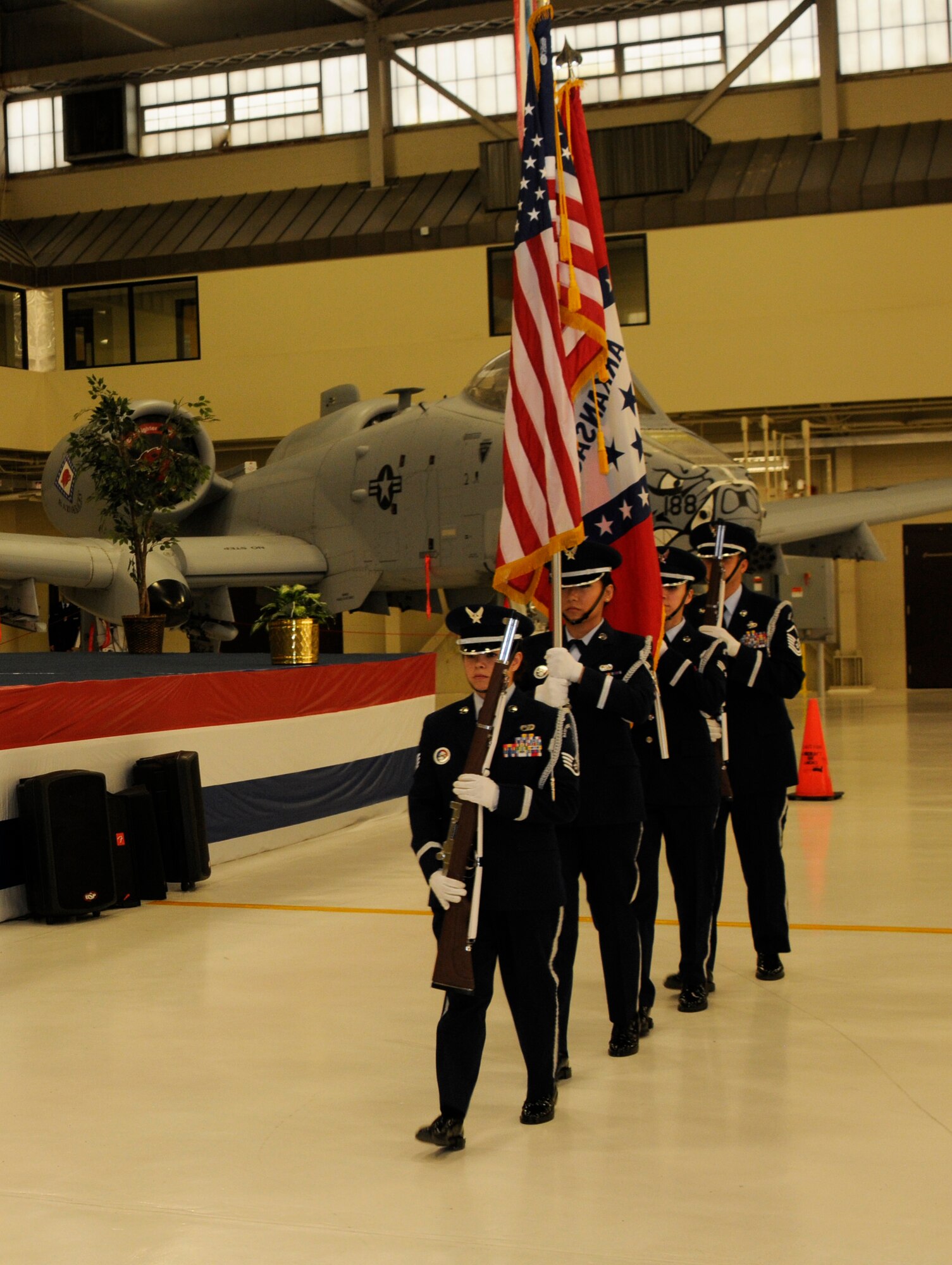 Members of the 188th Fighter Wing Honor Guard post the colors at an assumption of command ceremony at the 188th Fighter Wing Dec. 2, 2012. Lt. Col. Anderson Neal assumed command of the 188th Maintenance Group during the ceremony. (National Guard photo by Amn. Cody Martin/188th Fighter Wing Public Affairs)