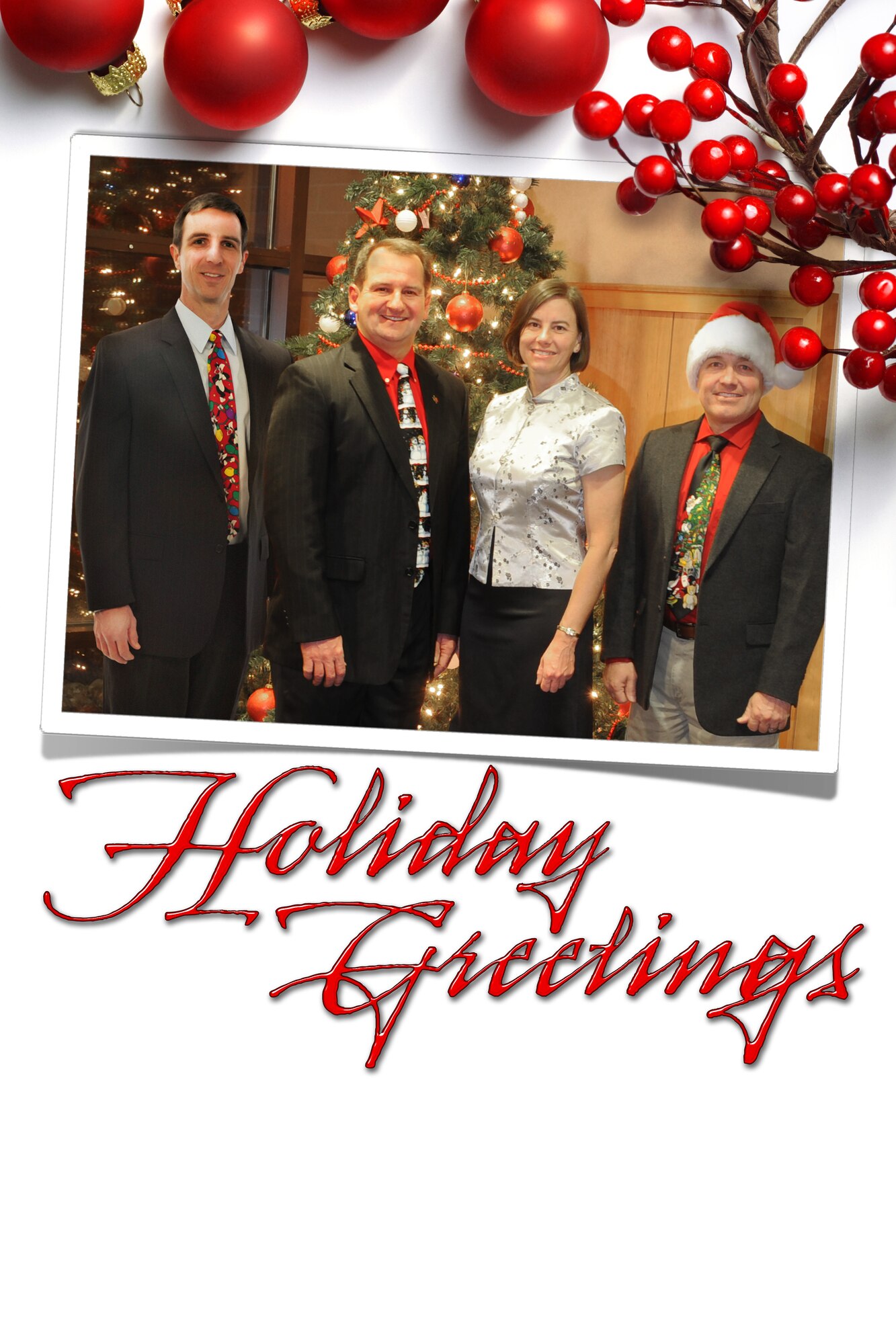 Holiday greetings from your Hill AFB leadership. From left to right: Col. Bryan Radliff, 419th Fighter Wing commander; Maj. Gen. Brent Baker Sr., Ogden Air  Lostistics Complex commander; Col. Sarah Zabel, 75th Air Base Wing commander; and Col. Scott Long, 388th Fighter Wing commander. (Graphic illustration by David Perry/U.S. Air Force)