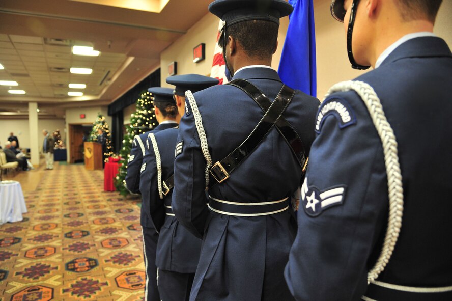 The base Honor Guard prepares to present the colors during a Hall of Heroes ceremony in the Landing Zone at Cannon Air Force Base, N.M., Dec. 12, 2012. The 27th Special Operations Wing recognized Dr. Samuel Neff for heroic contributions throughout his military career as a defender of peace. (U.S. Air Force photo/Senior Airman Alexxis Pons Abascal)  