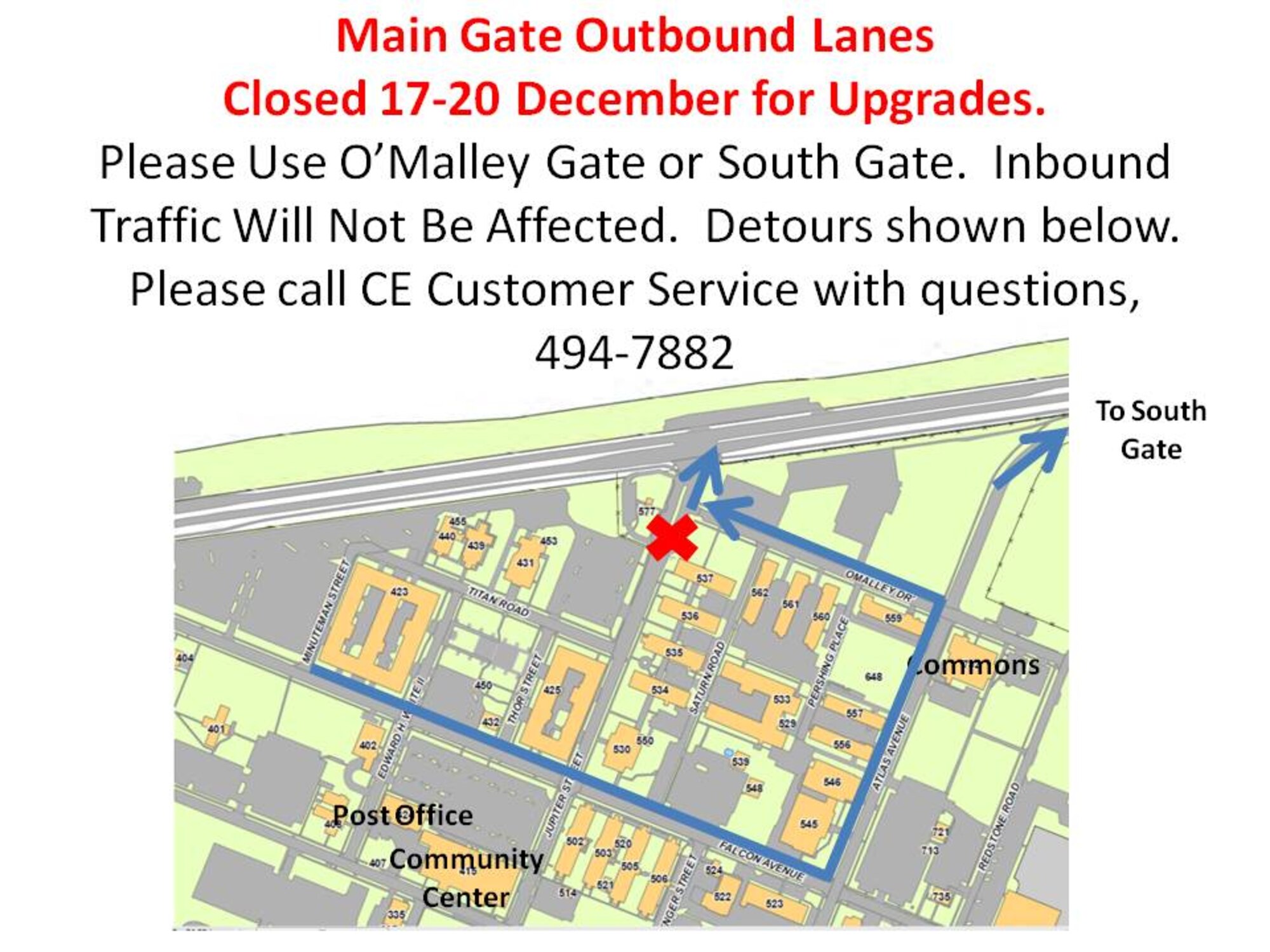 Main Gate Outbound Lanes Closed 17-20 December for Upgrades.