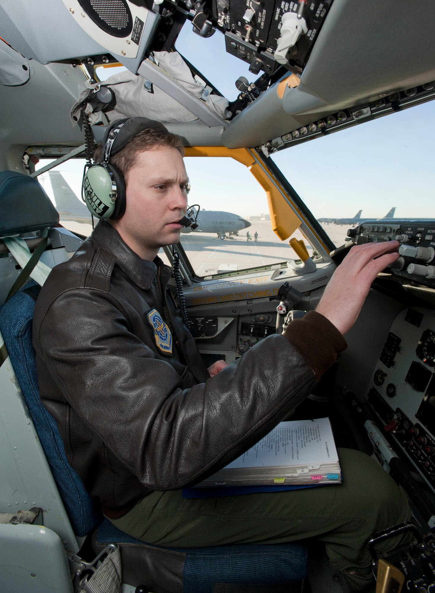 Capt. Mike Vilven, 384th Air Refueling Squadron chief executive officer, performs a pre-flight check onboard a KC-135 Stratotanker Dec. 11, 2012, McConnell Air Force Base, Kan. Vilven was selected as the spotlight performer for the week of Dec. 10 to 14, 2012, for his dedication to the 22nd Air Refueling Wing commander’s intents. (U.S. Air Force photo/Airman 1st Class Victor J. Caputo)