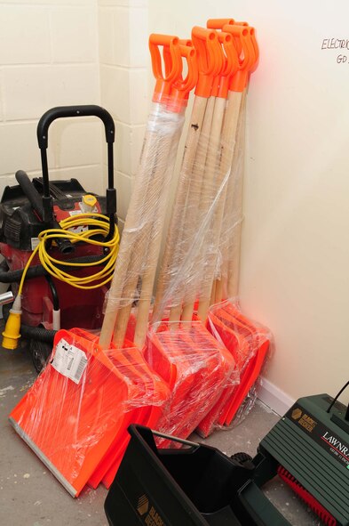 Snow shovels on display Dec. 10, 2012, at the 100th Civil Engineer Squadron Self-Help Store on RAF Mildenhall, England, are among several items available to facility managers to aid in winter safety. With winter now here, bags of rock salt and salt spreaders are available at the store to scatter salt on sidewalks and pathways around work centers. (U.S. Air Force photo by Karen Abeyasekere/Released)