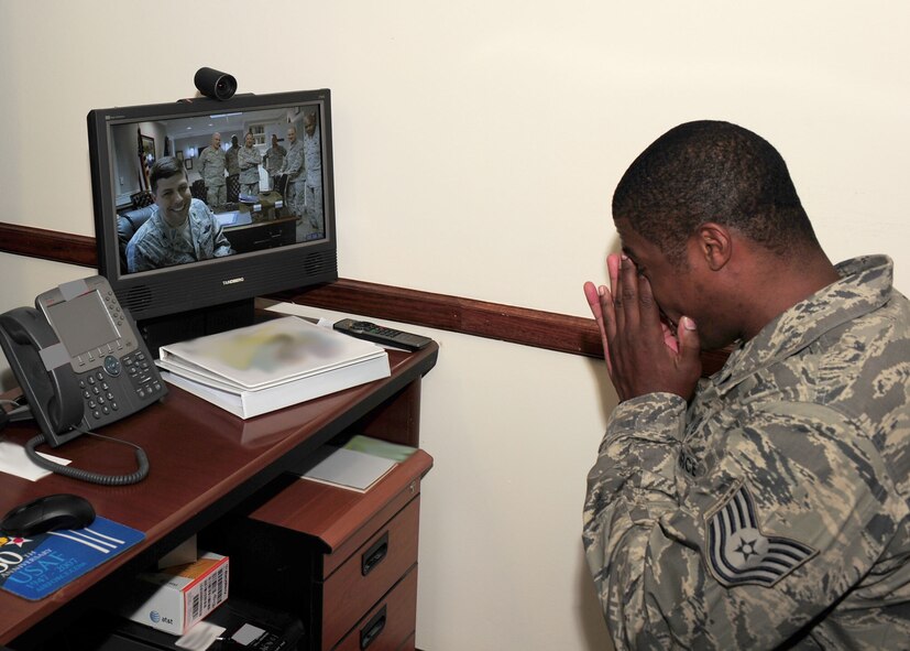 Staff Sgt. Willie Maiden, deployed to the 379th Expeditionary Civil Engineer Squadron in Southwest Asia from Barksdale receives notice of his Stripes for Exceptional Performers promotion to technical sergeant from Col. Andrew Gebara, 2nd Bomb Wing commander via video teleconference Dec. 6. (Photo courtesy of 379th Expeditionary Wing Public Affairs)