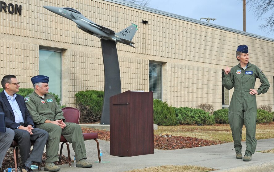 U.S. Air Force Col. Jeannie Leavitt, 4th Fighter Wing commander, speaks during the 10,000 flying hour presentation for 335th FS flag ship F-15E Strike Eagle #89-0487. Aircraft #487 is the only F-15E to reach 10,000 flying hours and currently has 10,441 flying hours. (U.S. Air Force photo/Airman 1st Class Gino Reyes/Released)