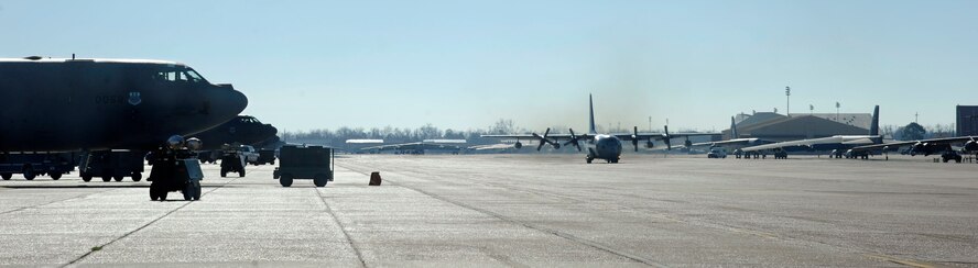 A C-130 Hercules, taxis across the flightline on Barksdale Air Force Base, La., Dec. 11. The 2nd Maintenance Squadron Aerospace Ground Equipment flight provides much needed equipment for a variety of airframes, some of which is critical for take-off. (U.S. Air Force photo/Airman 1st Class Andrew Moua)