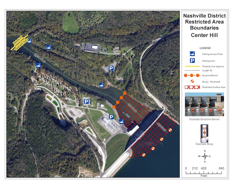 Nashville District Restricted Area Boundary Map for Center Hill Dam, Lancaster, Tenn. (USACE image)